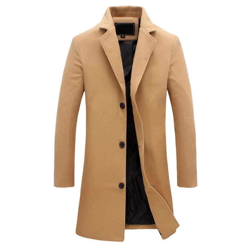 Mens Long Overcoat with Button Front and Smooth Interior Lining, Tailored Cut