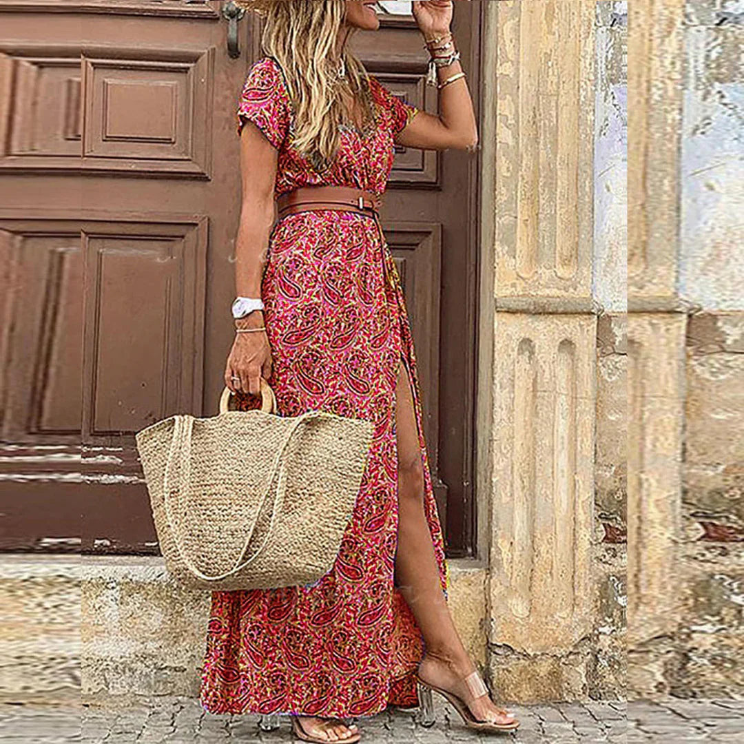 Boho Maxi Dress with Gathered Waist and Matching Belt, Lightweight Breathable Fabric