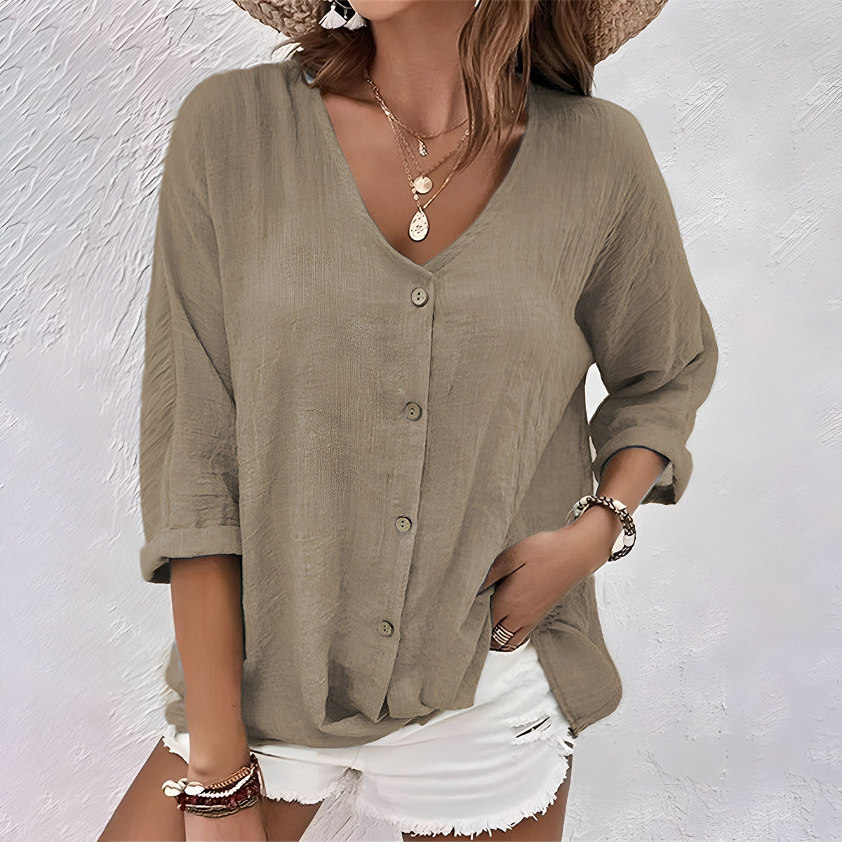 Womens Button-Up Blouse with V-Neck and Roll Sleeves, Lightweight Woven Fabric