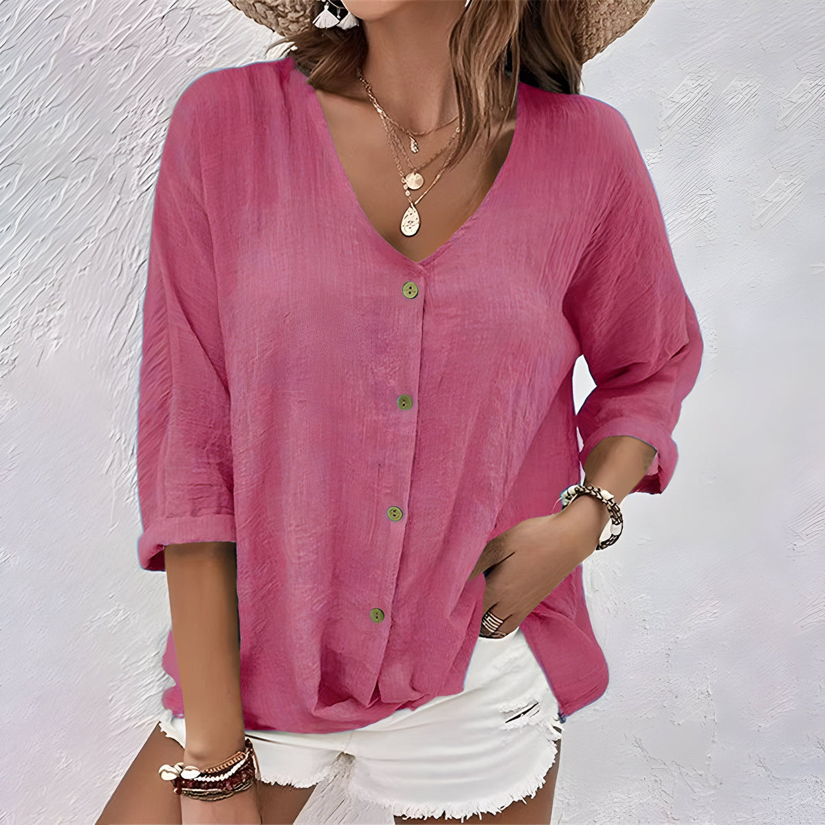 Womens Button-Up Blouse with V-Neck and Roll Sleeves, Lightweight Woven Fabric