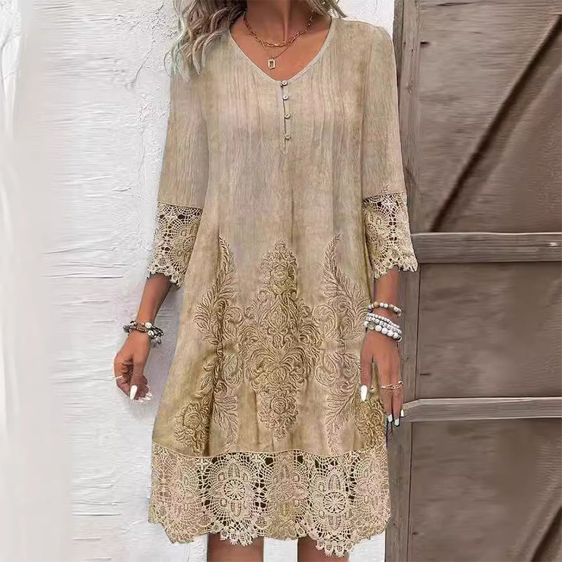 Embroidered Midi Dress with Breathable Fabric and Figure-Skimming Fit