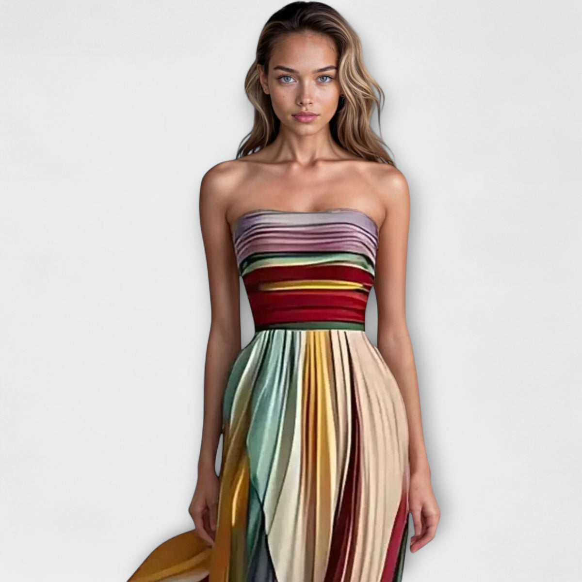 Strapless Pleated Dress with Fitted Bodice and Flowing Skirt, Machine Washable
