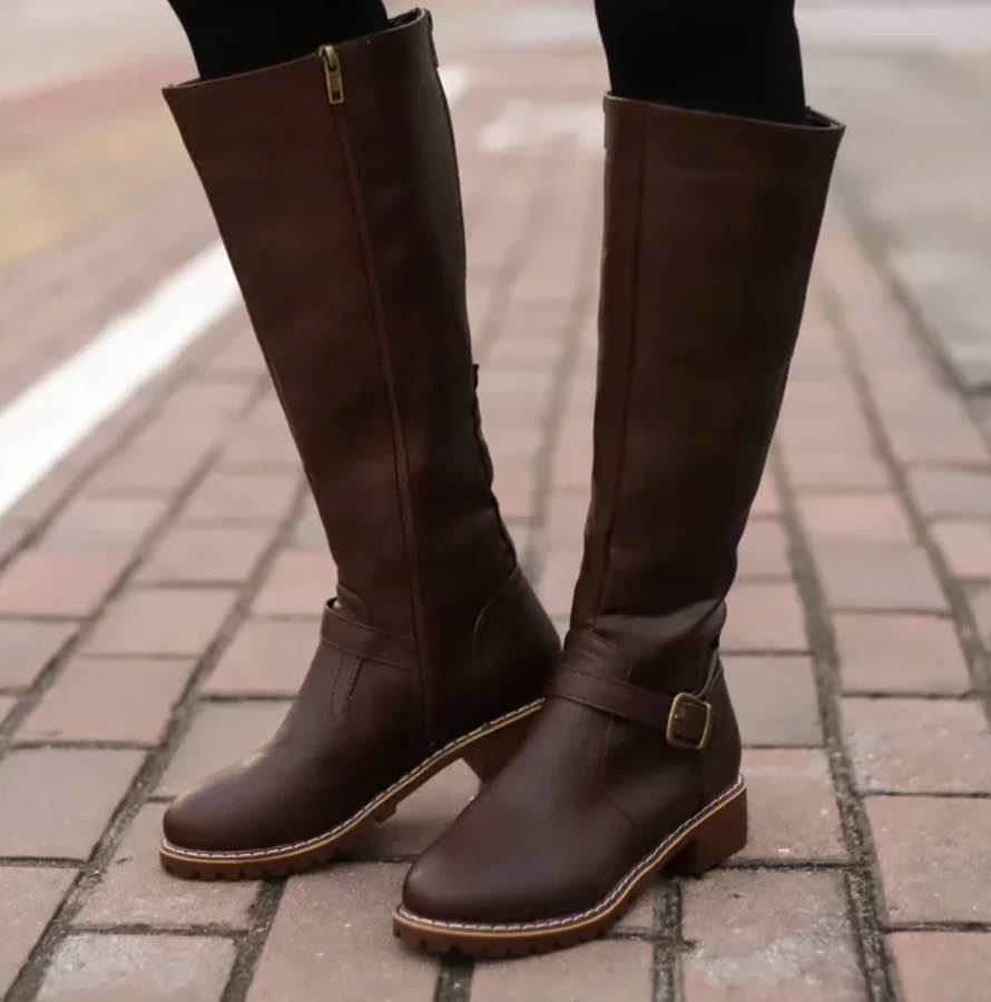 Womens Knee-High Leather Boots with Cushioned Footbed and Durable Traction Sole