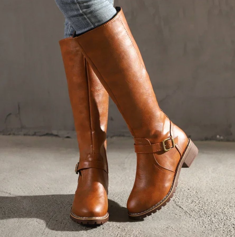 Womens Knee-High Leather Boots with Cushioned Footbed and Durable Traction Sole