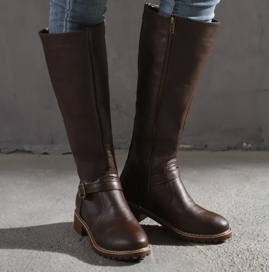Womens Knee-High Leather Boots with Cushioned Footbed and Durable Traction Sole