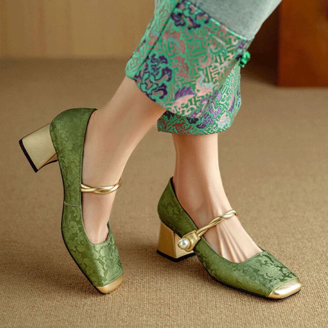 Womens Gold Heels with Pearl Twist Strap and Padded Insole, Square Toe Floral