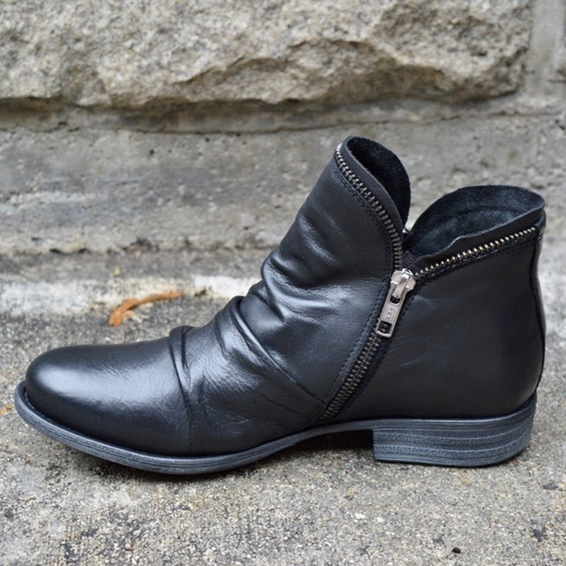 Womens Leather Ankle Boots with Cushioned Insole and Slip-Resistant Outsole, Side Zipper