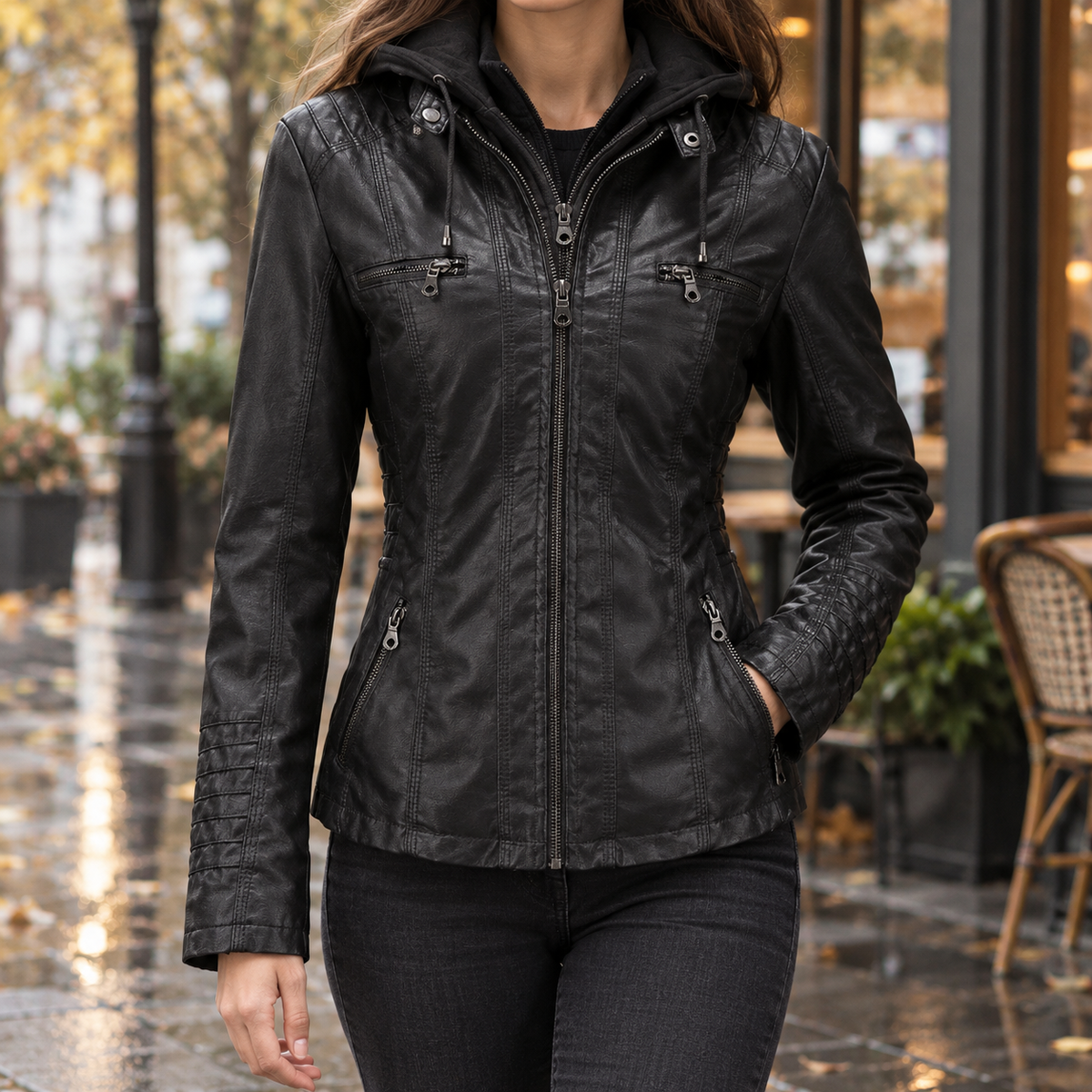 Womens faux leather hooded jacket - Black