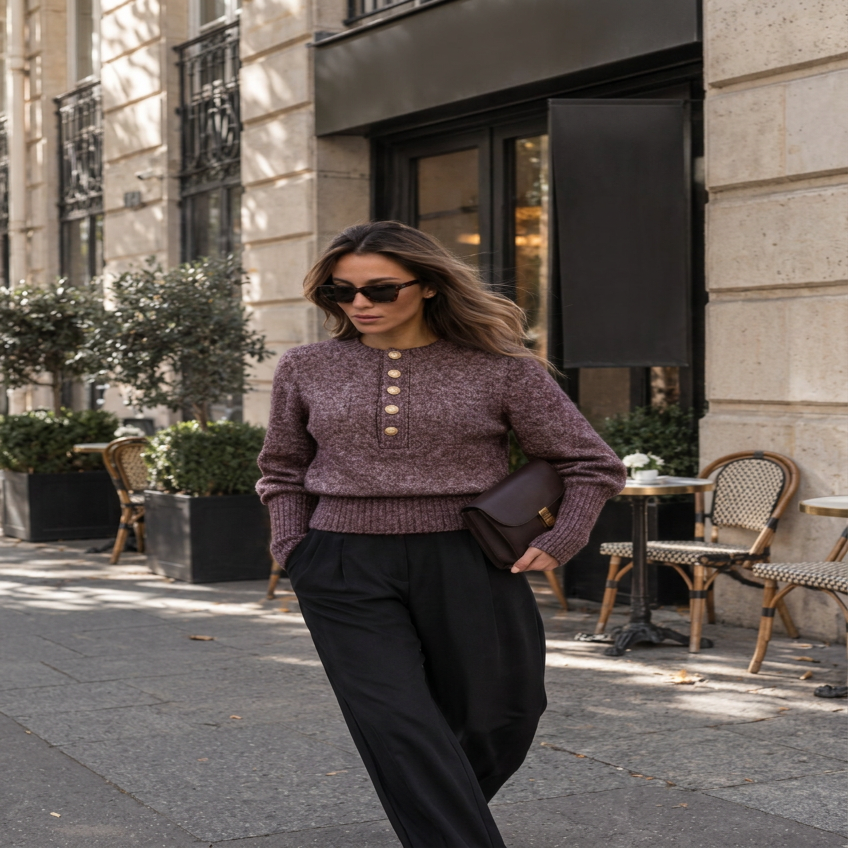 Wool Blend Knit Sweater with Henley Neckline and Medium Stretch
