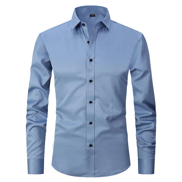 Mens Slim-Fit Long Sleeve Shirt with Breathable Cotton Blend and Full Button Front