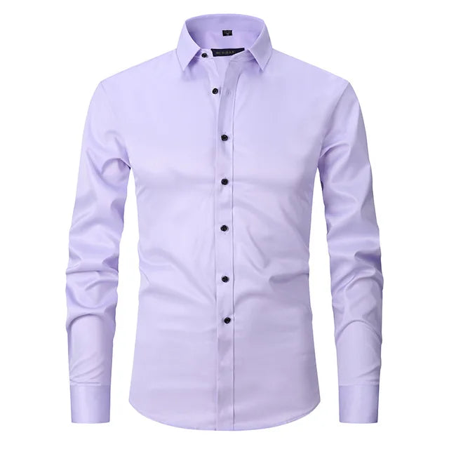 Mens Slim-Fit Long Sleeve Shirt with Breathable Cotton Blend and Full Button Front