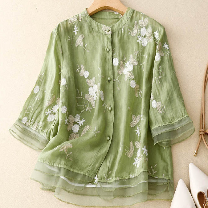 Womens Long Sleeve Blouse with Delicate Floral Embroidery and Relaxed Fit
